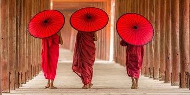 back side of three buddhist novice are walking in pagoda myanmar