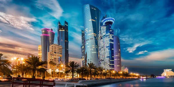 skyline of doha city center after sunset qatar