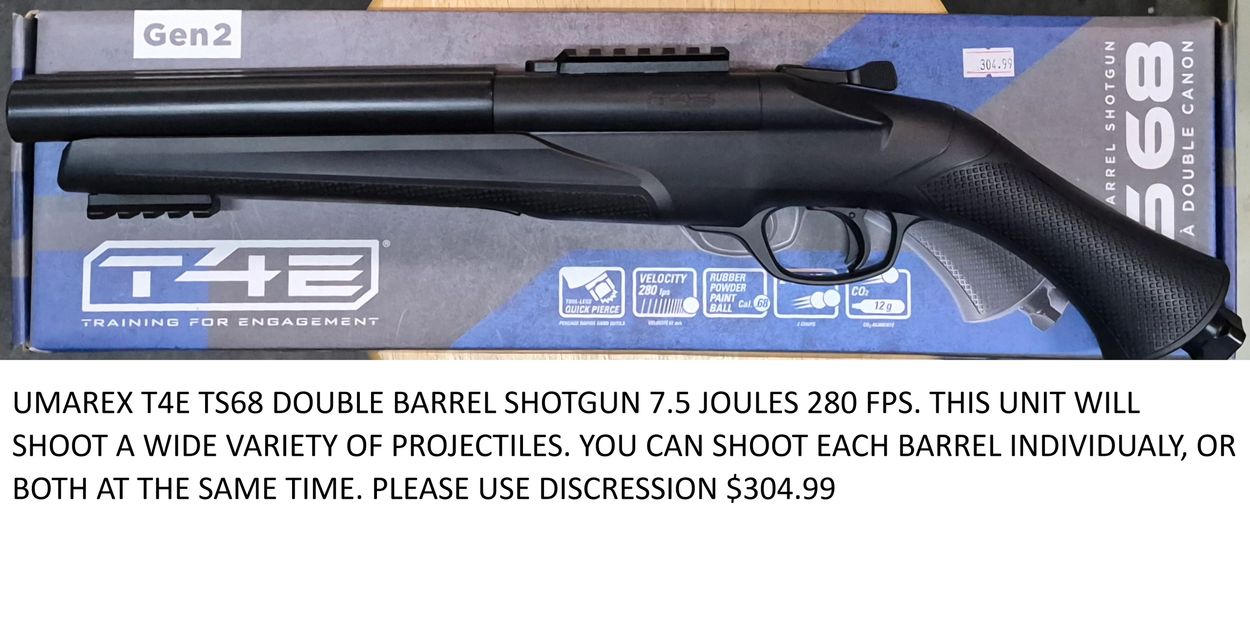 Umarex T4E TS68 double barrel shotgun on box.