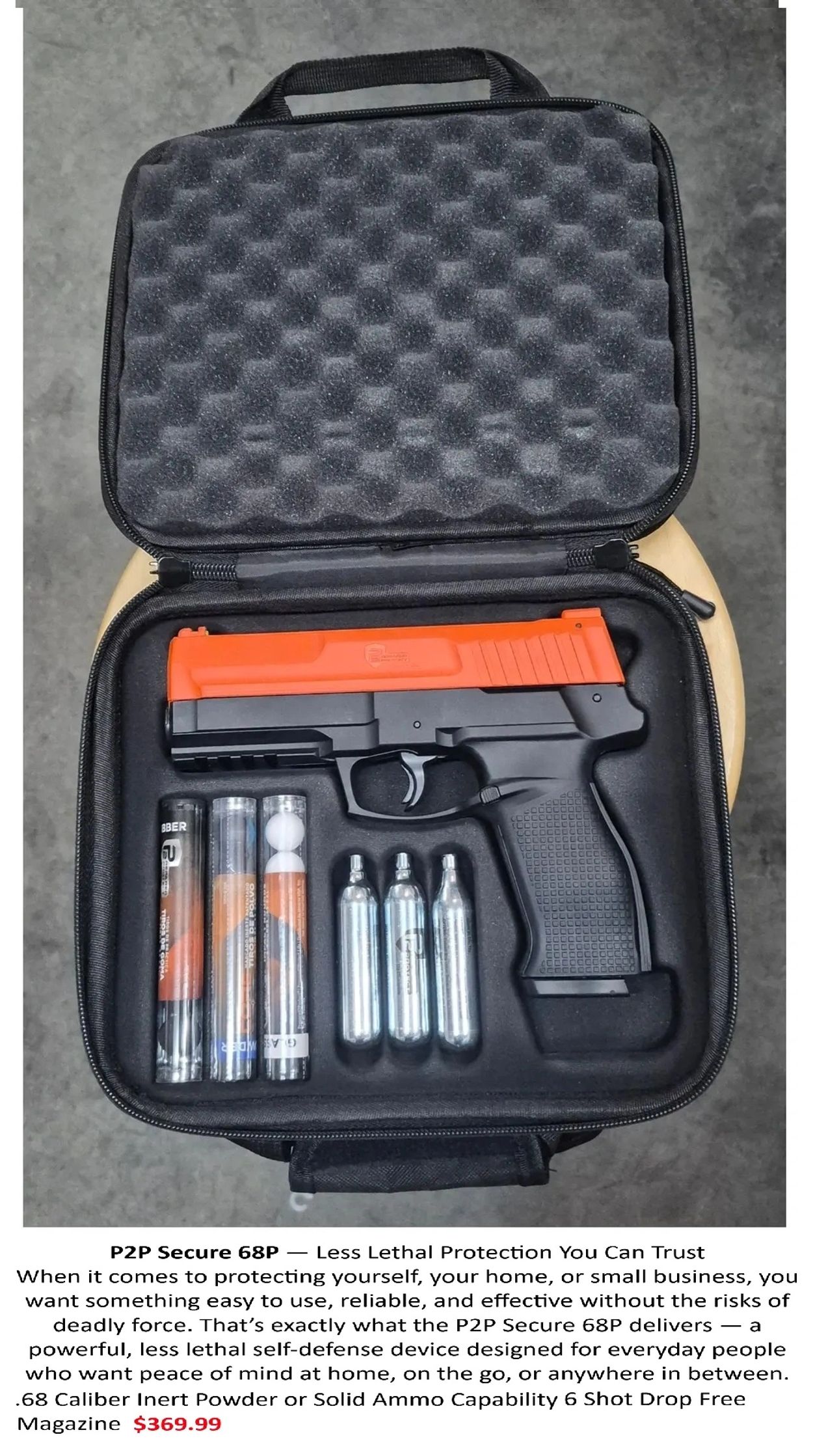P2P Secure 68P less lethal self-defense device with accessories.