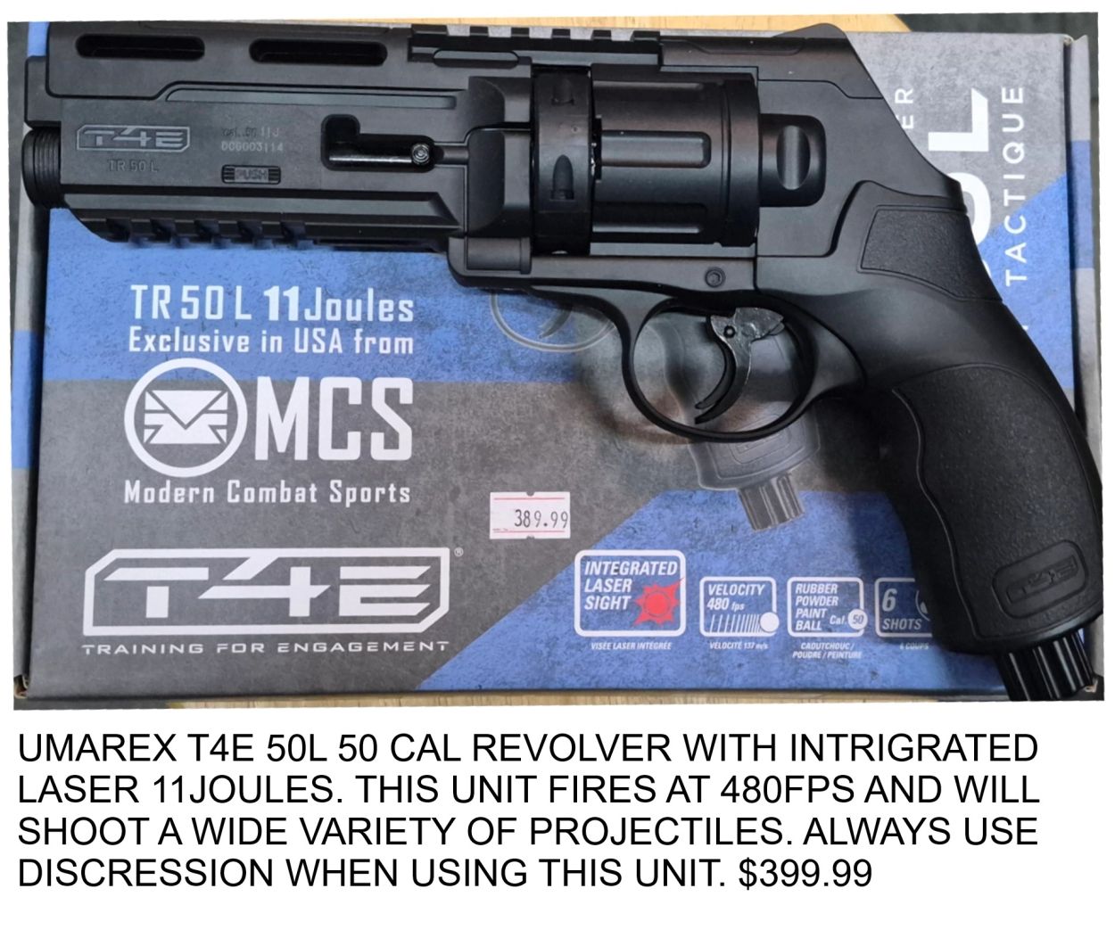 UMAREX T4E 50L .50 cal revolver with integrated laser sight.