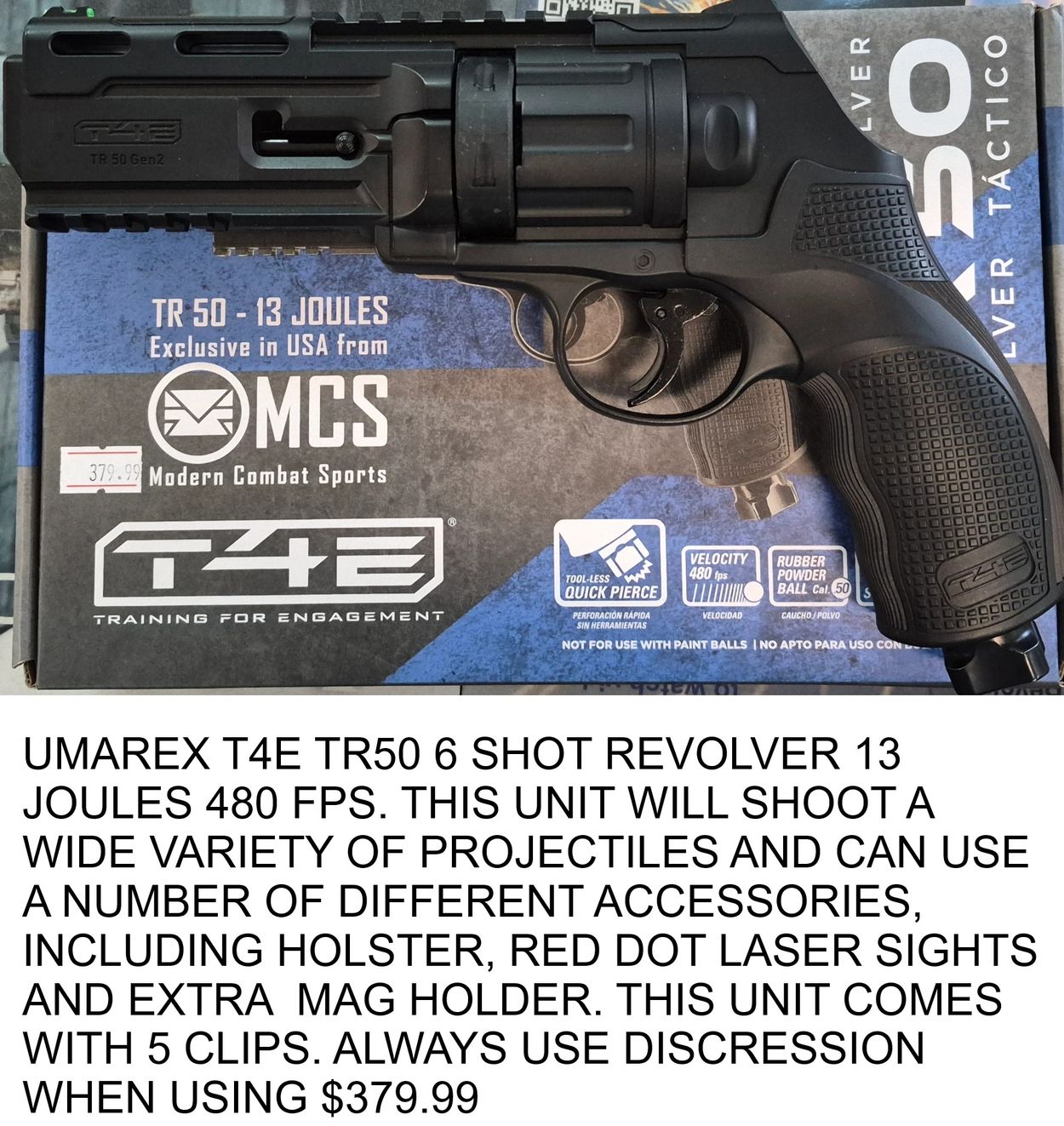 Umarex T4E TR50 6-shot revolver on its box.