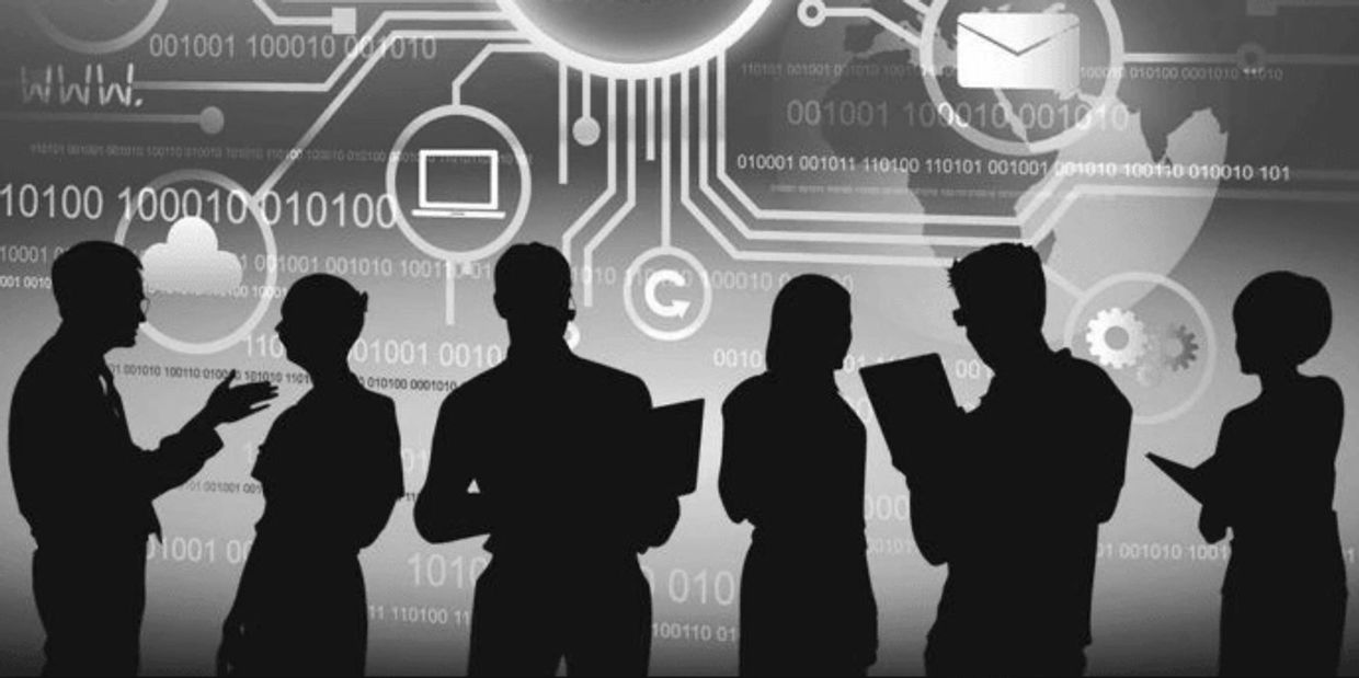 Silhouettes of people discussing cybersecurity with a digital lock and technology icons.