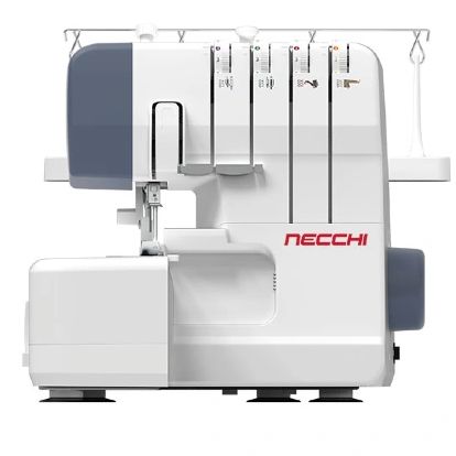 A white Necchi overlocker sewing machine with thread guides.