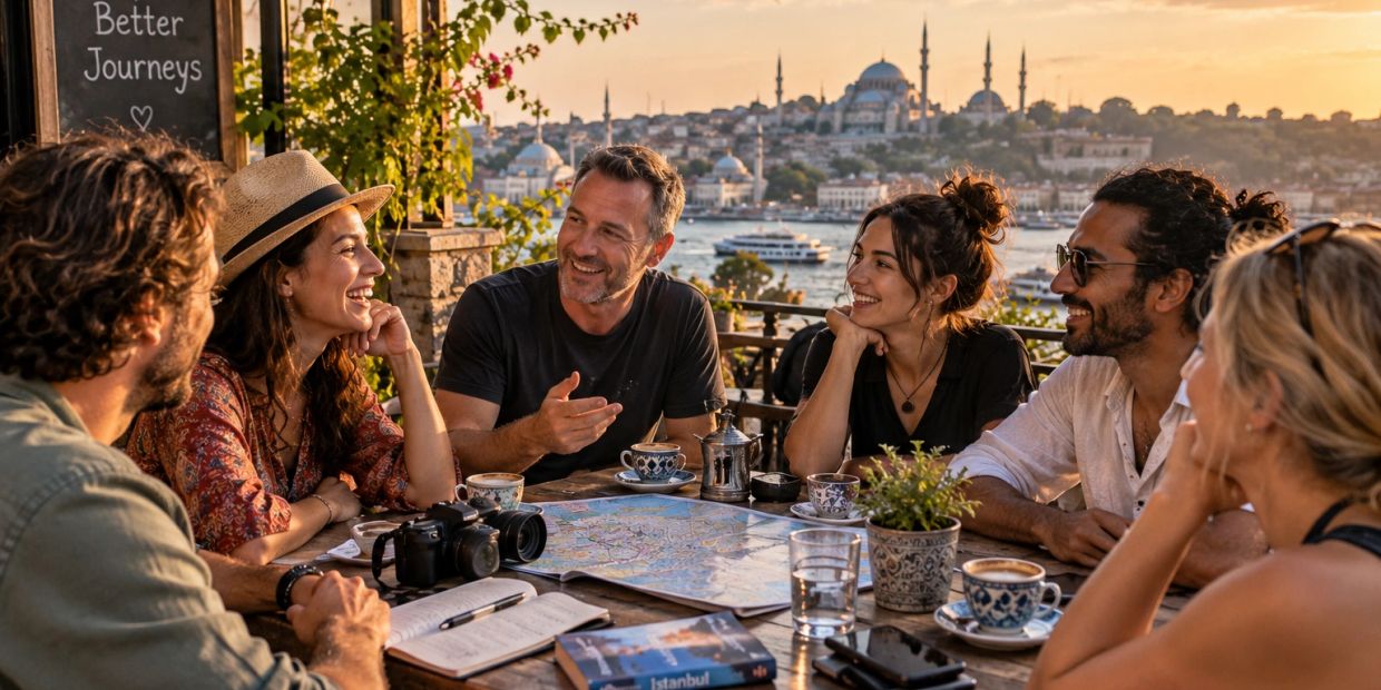 Group of friends planning a trip with Istanbul skyline in the background.