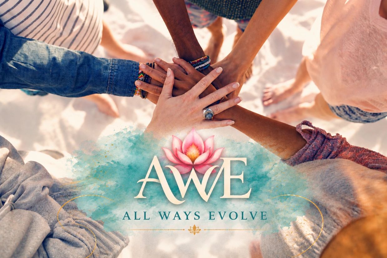 Diverse group stacking hands in unity with 'All Ways Evolve' logo.