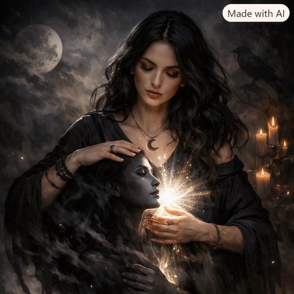 Woman with glowing aura and shadowy figure under moonlight.