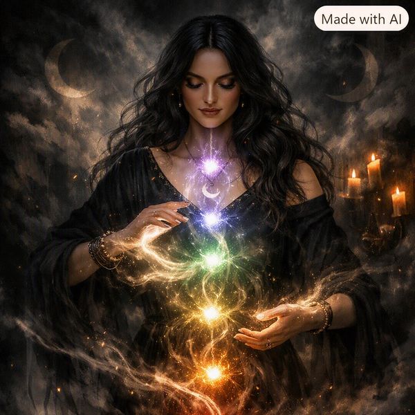 Woman channeling magical energy with glowing chakras.