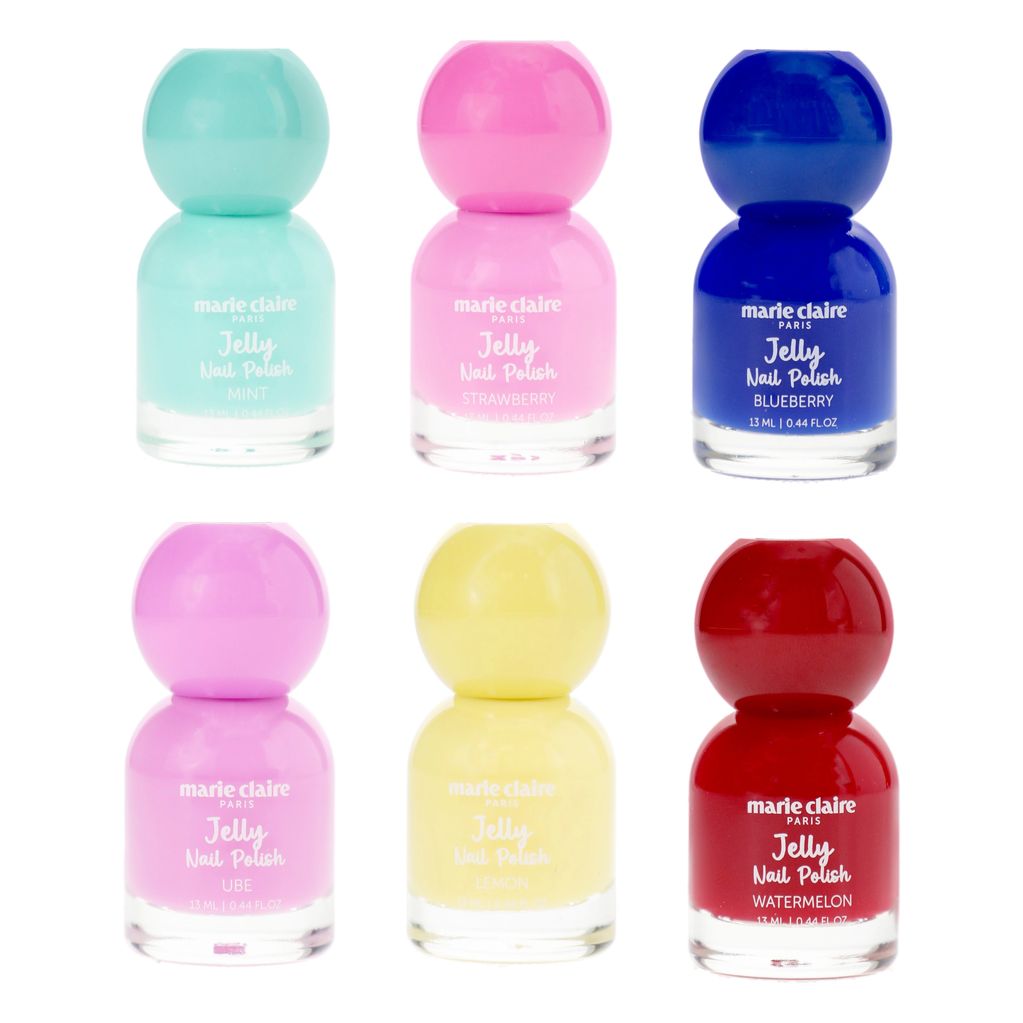 Six colorful jelly nail polish bottles from Marie Claire in various shades.