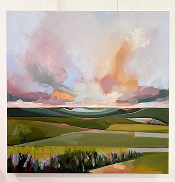Abstract landscape painting with vibrant sky and green fields.
