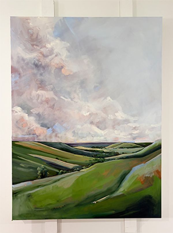 Painting of rolling green hills under a cloudy sky.