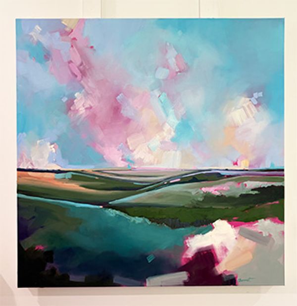 Abstract landscape painting with vibrant pink, blue, and green hues.