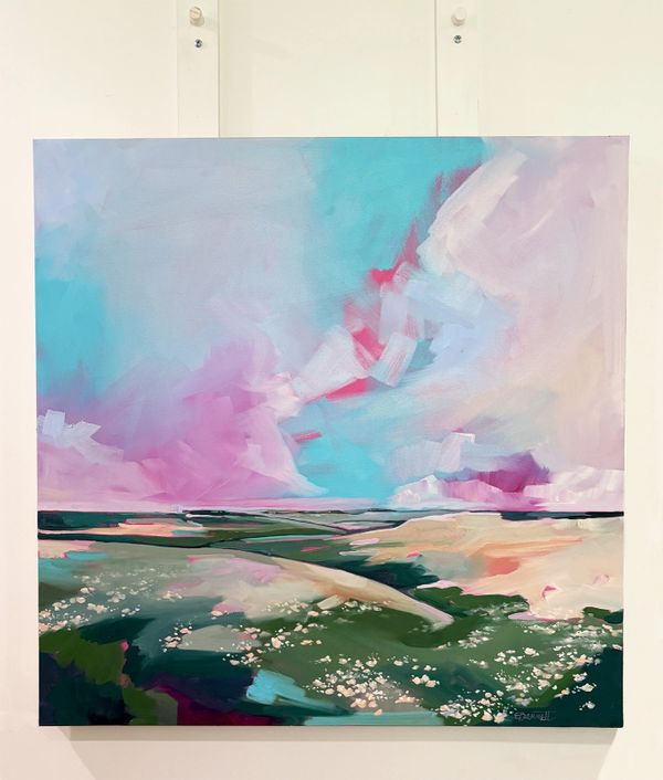 Abstract landscape painting with vibrant pink, turquoise, and green hues.