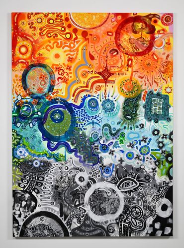 Abstract colorful painting with intricate patterns and shapes.