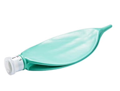 A deflated teal anesthesia bag with a white valve.