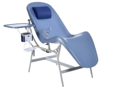 Blue medical examination chair with attached armrest and accessories.