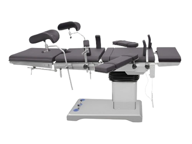 Modern surgical operating table with adjustable sections and attachments.