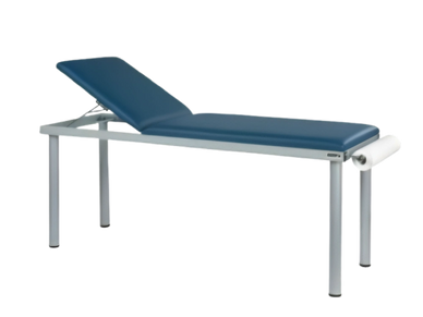 Medical examination table with adjustable backrest and paper roll.