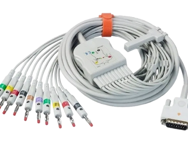 Medical ECG cable with multiple colored leads and connectors.