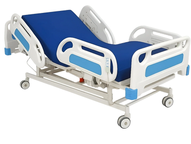 A modern hospital bed with blue mattress and white frame.