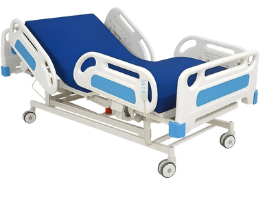 Modern hospital bed with adjustable sections and wheels for mobility.