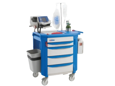 A blue and white medical crash cart with equipment and supplies.