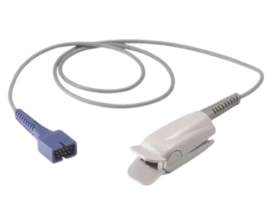 Medical pulse oximeter sensor with a clip and cable.