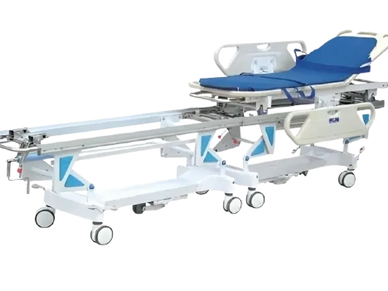 A modern hospital stretcher with a blue mattress and wheels for mobility.