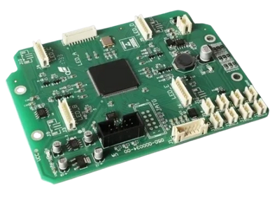 Green printed circuit board with multiple connectors and a central black chip.