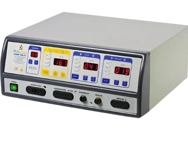 A medical device with digital displays and control knobs on its front panel.