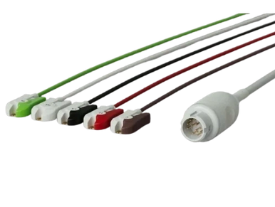 Set of multicolored ECG electrode cables with connector.