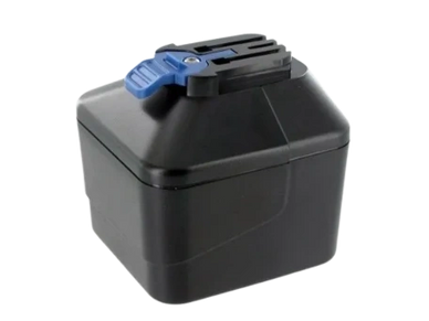 Black rectangular battery pack with a blue latch on top.