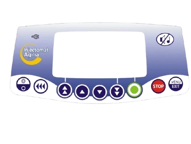 Control panel overlay with various buttons and a screen cutout.