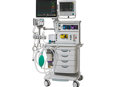 Modern anesthesia machine with monitors and controls on wheels.