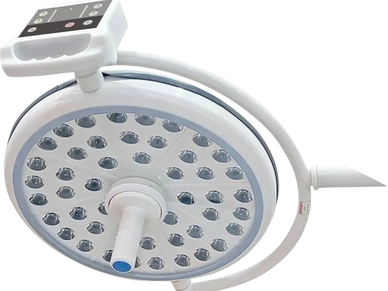 Modern surgical LED operating room light with control panel.
