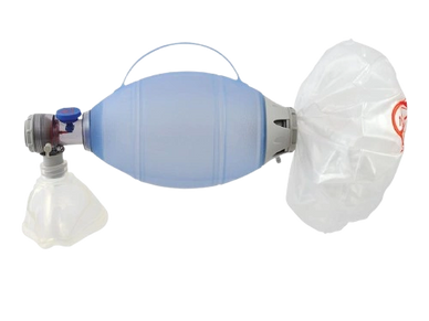 Manual resuscitator with mask and reservoir bag for emergency breathing.