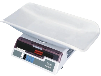 Digital weighing scale with a white tray and LED display.