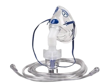 A transparent oxygen mask with tubing for respiratory assistance.