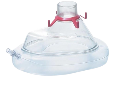 Transparent medical oxygen mask with a pink clip and tube attachment.