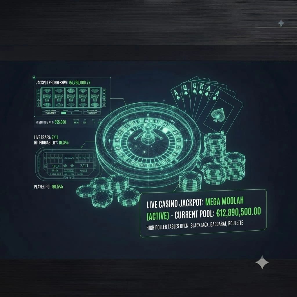Digital casino interface showing Mega Moolah jackpot and gaming statistics.
