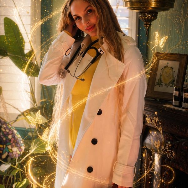 Woman in a white coat with a stethoscope surrounded by glowing magical butterflies.