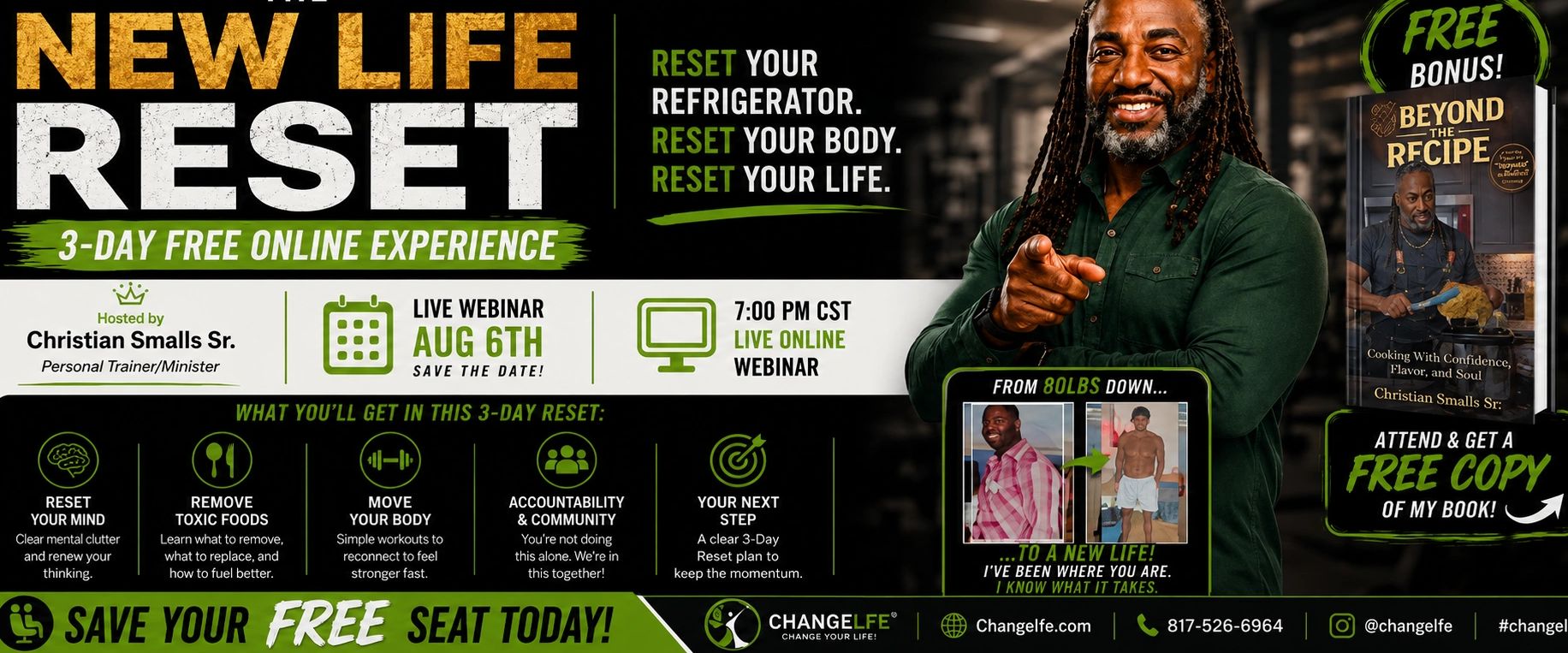 Promotional banner for a 3-day free online life reset webinar hosted by Christian Smalls Sr.