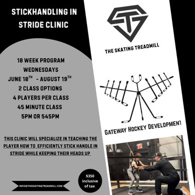 Flyer for a 10-week stickhandling clinic by The Skating Treadmill focused on hockey skill development.