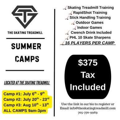 Flyer for summer skate camps with training and games, $375 tax included.