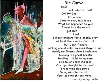 Painting "Pink Leg" and poem "Big Curve" by Inez Running-rabbit.