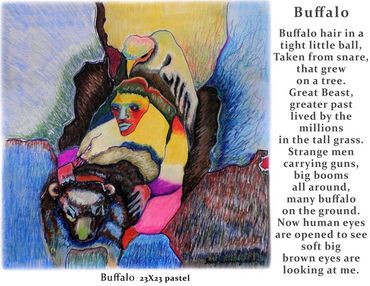 Pastel "Buffalo" and poem "Buffalo" by Inez Running-rabbit.