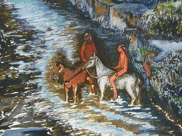 "Meeting at the River" watercolor by Inez Running-rabbit