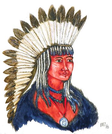 Native American with head dress watercolor by Inez Running-rabbit