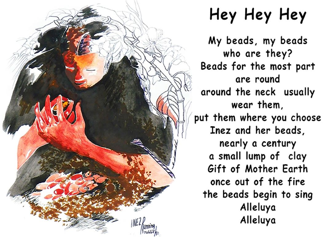 Self portait of Inez Running-rabbit with beads, a watercolor and a poem she wrote about beads.