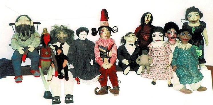 The Poet, Medicine Man, Clown, Mountain Man, China, Jester, Conductor, Plaid Pants, and other dolls.